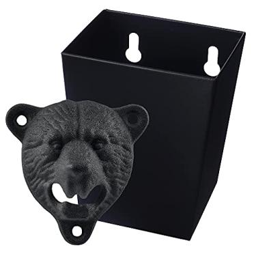 Imagem de Abridor de garrafas de ferro fundido preto fosco para lixamento de dentes de urso pardo com pequeno apanhador de tampa de aço inoxidável estreito