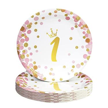 Imagem de Pandecor 50 pratos de sobremesa de papel de 1º aniversário, pratos descartáveis de bolo de 18 cm para bebê menina de um ano de aniversário