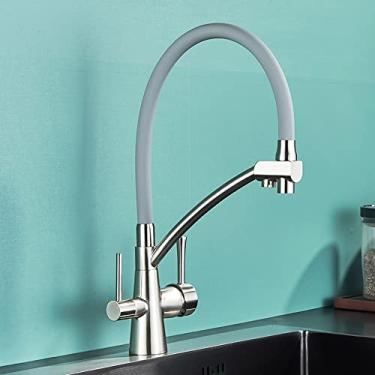 Imagem de Torneira quente e fria torneira da pia da cozinha torneira misturadora de filtro de água pura guindaste alças duplas cozinha de purificação, mangueira cinza escovada A, tamanho único