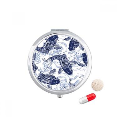 Imagem de Caixa de armazenamento de medicamentos com padrão azul de carpa, caixa de armazenamento de medicamentos
