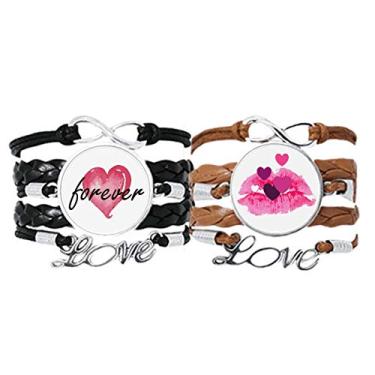 Imagem de DIYthinker Pulseira de mão com coração rosa para o dia dos namorados, corda de couro, conjunto duplo