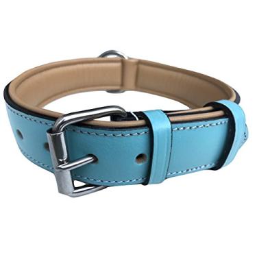 Imagem de Coleira de couro acolchoada com toque suave, turquesa e bege, tamanho grande com enchimento macio e confortável