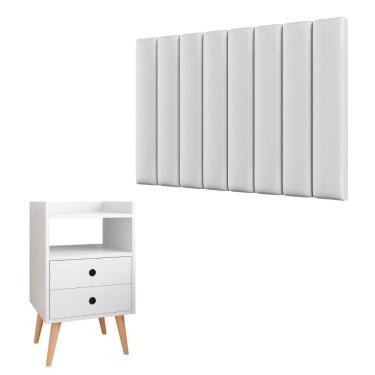 Imagem de Kit Cabeceira Estofada Cama Box Solteiro 90 cm Sophia e Mesinha Canto Quarto 2 Gavetas Retrô Nicho Decorativo Dream Branco- RPM 