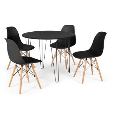 Imagem de Conjunto Mesa de Jantar Redonda Hairpin 90cm Preta com 4 Cadeiras Eames Eiffel - Preto