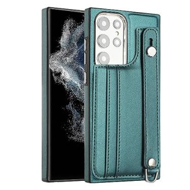 Imagem de Capa com alça de pulso para Samsung Galaxy S23 Ultra/S23 Plus/S23, capa protetora de corpo inteiro, capa carteira de couro PU com compartimento para cartões, verde, S23 de 6,1 polegadas