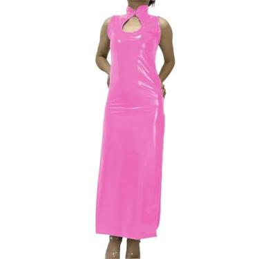 Imagem de MAIFURUN Vestido longo feminino com decote cheongsam molhado com fenda alta e colado ao corpo, vestido de festa, clube, baile, noite, Rosa, Custom made