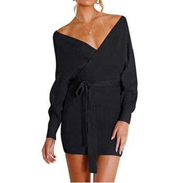 Imagem de ZESICA Vestido feminino de outono longo, manga morcego, gola V, malha colado ao corpo, pulôver colado ao corpo com cinto, Preto, G