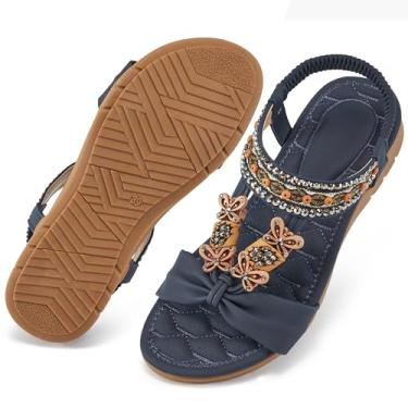 Imagem de Aomigoct Sandálias femininas elegantes de verão: sandálias planas femininas casuais abertas com tira elástica no tornozelo sapatos rasos de praia boêmios para mulheres, Azul, 35
