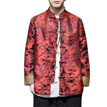 Imagem de Jaqueta masculina primavera/outono Tang Suit estilo chinês tang oriental vintage jaqueta dragão camisa casual, Vermelho, M
