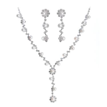 Imagem de Colar E Brinco Feminino Conjunto De Strass E Pérolas Brilhantes Prata Para Aniversário Casamento Festa Presente