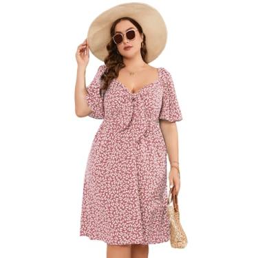 Imagem de Vestido plus size feminino, decote em V, frente atado, transpassado, evasê, plus size, comprimento no joelho, vestido midi rodado para mulheres curvilíneas, Pinkf, XXG