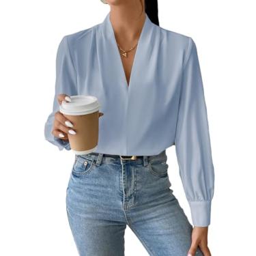 Imagem de EVALESS Camisas de manga comprida para mulheres na moda com decote em V tops de verão elegantes blusas casuais de chiffon ajuste solto blusa de trabalho escritório top, B, azul-celeste, P