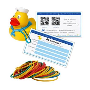 Imagem de Pacote com 60 etiquetas de patos de cruzeiro e elásticos | Dupla face com códigos QR do Facebook + pulseiras de borracha multicoloridas | Etiquetas 5 x 9 cm Tamanho do cartão de visita |