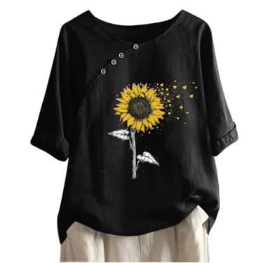Imagem de Camiseta feminina de verão, meia manga, gola V, botão lateral, estampa floral, camiseta casual, Preto, GG