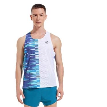 Imagem de Sanken Camiseta regata de corrida leve maratona camiseta sem mangas dry fit para treino, Azul com bloqueio, GG