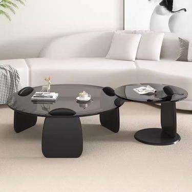 Imagem de Mesa de centro redonda de vidro para sala de estar, mesa final moderna de meados do século, mesa de centro com moldura de madeira natural e tampo de vidro temperado, mesa final minimalista p