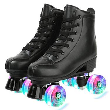 Imagem de Patins femininos com rodas iluminadas, couro artificial ajustável, fileira dupla, 4 rodas, patins brilhantes para adolescentes, adultos (Flash Wheel, 41-US: 9)