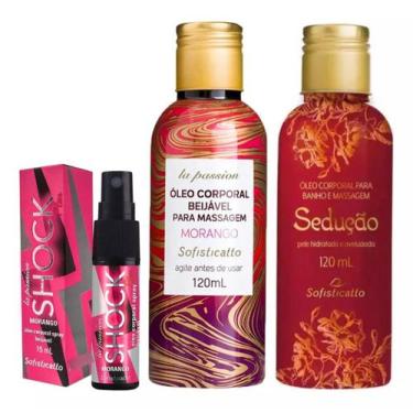 Imagem de Kit Massagem Sensual Íntima: Óleo Beijável Morango + Óleo Sedução + Sh