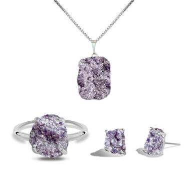 Imagem de Conjunto Natura Lepidolita Roxa - Cristal Natural, Banho Ouro 18k