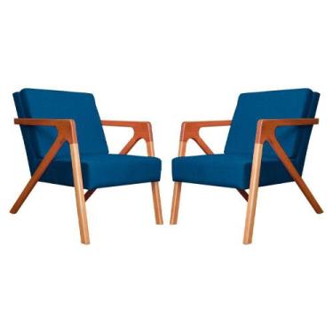 Imagem de Conjunto 2 Poltronas Monalisa Com Braços de Madeira Suede Azul Royal -