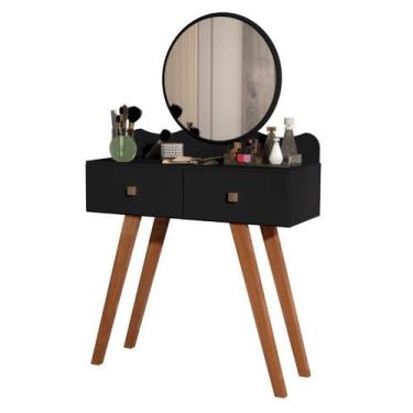 Imagem de Penteadeira retrô 2 gavetas Conde com espelho redondo cor Preta fosco 