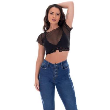 Imagem de Blusinha Cropped Tule Transparente Fristyle Manga Curta Preto Liso Adu