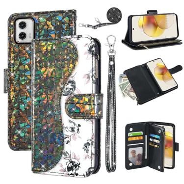 Imagem de Dibosom Capa carteira floral para Motorola Moto G73 5G com alça de pulso alça de ombro flip zíper bolsa porta-cartão, suporte de couro PU de luxo brilhante brilhante brilhante capa de celular para G
