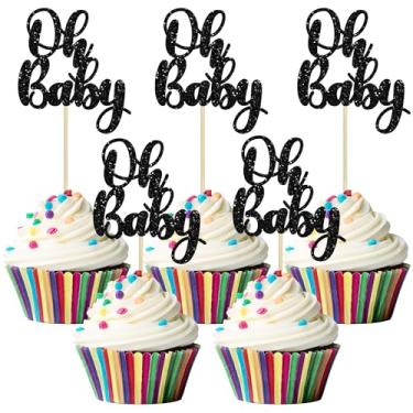 Imagem de Gyufise 36Pcs Oh Baby Cupcake Toppers Glitter Baby Shower Cupcake Picks Oh Baby Cake Decorations for Gender Reveal Baby Shower Kids Boys Girls Birthday Party Supplies Black