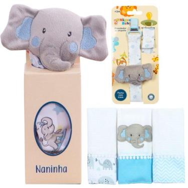 Imagem de Naninha + Prendedor de chupeta + Fralda de Boca Elefantinho Azul - Mig