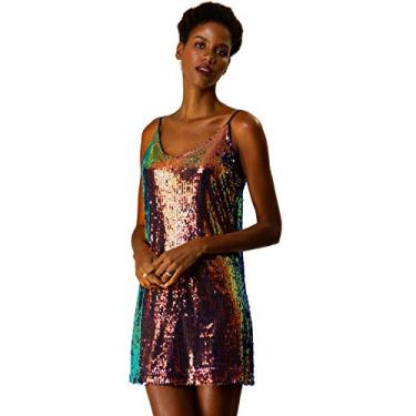 Imagem de Allegra K Vestido feminino de lantejoulas com glitter, alças finas, gola V, festa, coquetel, brilhante, minivestido para balada, Sereia, GG