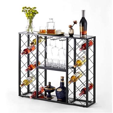 Imagem de Mango Steam Console de prateleira de vinho com tampa de mesa de vidro (34 garrafas, preto)