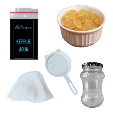 Imagem de Kit Kefir de Água Vivo com Frasco de Vidro 500ml, Tampa Voal e Peneira