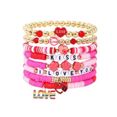 Imagem de Nexoluxa Pulseiras femininas empilháveis Boho surfista Heishi Boho disco de argila com contas elásticas elásticas para o dia dos namorados, pulseiras da amizade, joias de praia de verão, Adjustable,