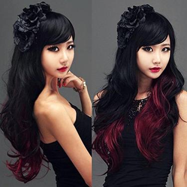 Imagem de IMISSU Peruca longa de cabelo natural cosplay com franja colorida fantasia de Halloween perucas de festa para mulheres (Preto Vermelho)