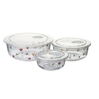 Imagem de Conjunto de 3 Potes de Vidro Herméticos com Tampa, Estampa Floral, Kit com 3 Marmiteiras de Vidro Empilháveis, Tigelas de Vidro Borossilicato (Com Tampa)