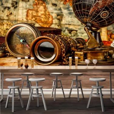 Imagem de Lcythiazole Tamanho personalizável, descasque e cole papel de parede pirata, mural de pirata, mural retrô de caça ao tesouro, mapa, globo, decoração de telescópio, para restaurante, sala de estar,