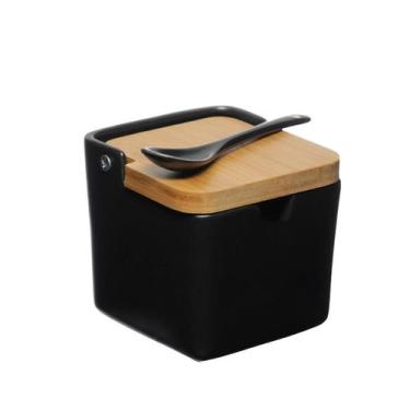 Imagem de Saleiro Premium Em Porcelana Manhattan Com Tampa De Bambu Preto - Haus