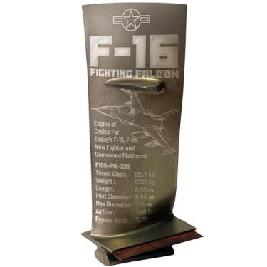Imagem de Moderock Pás autênticas de titânio F-16 de avião de caça turbofan a jato, exibição de mesa F100, presentes colecionáveis para entusiastas militares, pais, namorados