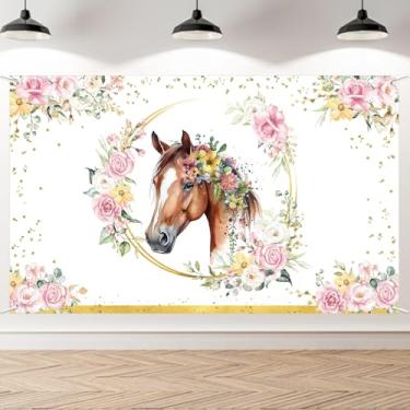 Imagem de AIBIIN Pano de fundo de cavalo para menina vaqueira ocidental aniversário chá de bebê fundo de fotografia sela floral rosa aniversário chá de bebê decorações de festa banner adereços de estúdio