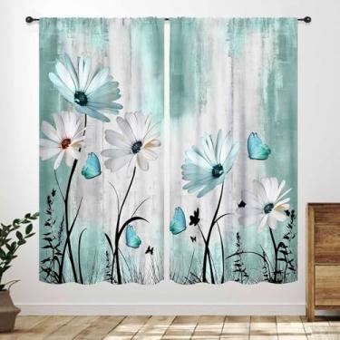 Imagem de Cortinas de margarida, rústica, retrô, azul, azul-petróleo, casa de fazenda, primavera, borboleta, planta, tratamento, janela, para quarto, sala de estar, cozinha, 53 cm L x 114 cm C, conjunto de 2