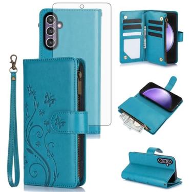 Imagem de Asuwish Capa de celular para Samsung Galaxy S23 FE 5G carteira celular com protetor de tela de vidro temperado alça de pulso flor flip zíper porta-cartão slot suporte S 23 EF S23FE 23S mulheres