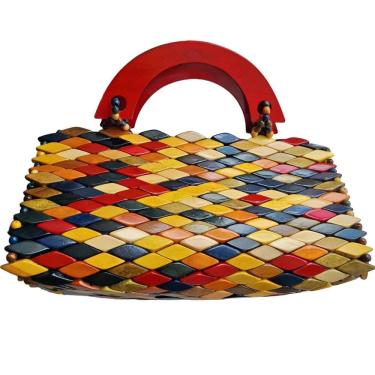 Imagem de Bolsa Artesanal Madeira Envernizada Colorida Alça Vermelha