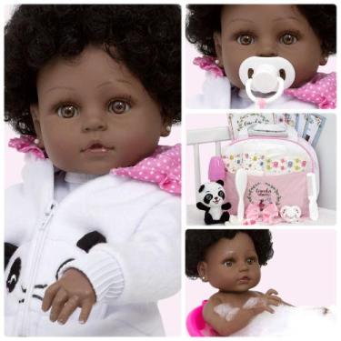Imagem de Bebe Reborn Menina Negra Panda Cabelo Cacheado Pode Banho - Cegonha Re