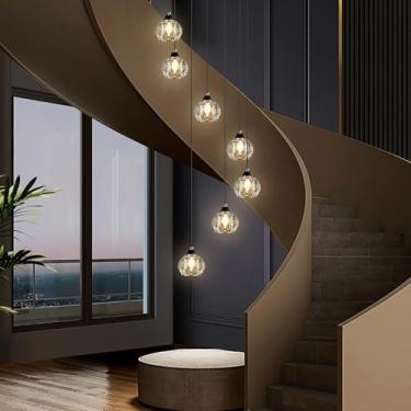 Imagem de Weesalife Lustres De Cristal Para Escadas, Lustres Modernos Pretos De 7 Luzes Para Tetos Altos, Luminária Pendente De Cristal Para Sala De Estar, Ilha De Cozinha, Hall De Entrada, Corredor E Bar