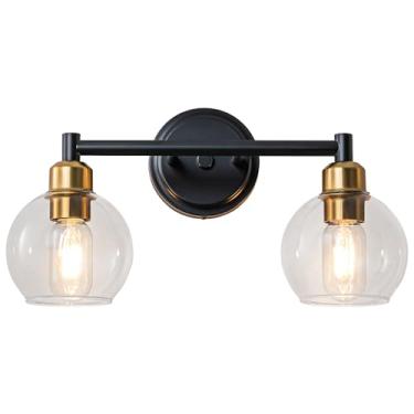 Imagem de Yezgge Luminárias De Banheiro, Luminária Moderna De 2 Luzes Para Banheiro, Arandela Preta E Dourada Com Cúpulas De Vidro Transparente, Luzes De Parede Com Brilho Ajustável Para Cozinha, Quarto, Cor