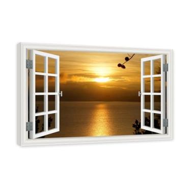 Imagem de PY3H69 Arte de parede em tela de janela aberta, impressão natural em tela. Lindo cenário de montanha 23 cm, decoração de parede de paisagem de janela, decoração de casa moderna. Moldura interna 50 x
