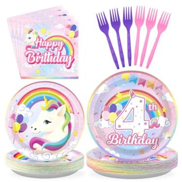 Imagem de 96 peças de decoração de festa de aniversário de unicórnio 350 g/m² descartáveis, arco-íris, unicórnio, pratos, guardanapos e utensílios de mesa para meninas, tema de unicórnio, festa de 4 anos,
