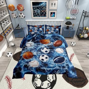 Imagem de Conjunto de edredom infantil com bola esportiva, tamanho casal, temática de basquete, futebol americano, meninos, adolescentes, jogo de bola, edredom com 2 fronhas