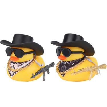 Imagem de BOXOB 2 peças de decoração de painel de carro de patos de borracha, decoração de interior de carro de pato engraçado com chapéu de caubói colar dourado e óculos de sol, acessórios automotivos legais