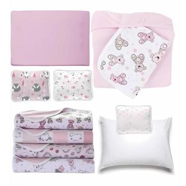 Imagem de Berço 7Pçs Rosa Bebê Lençol + Fronhas + Travesseiros + Manta - Vivaldi